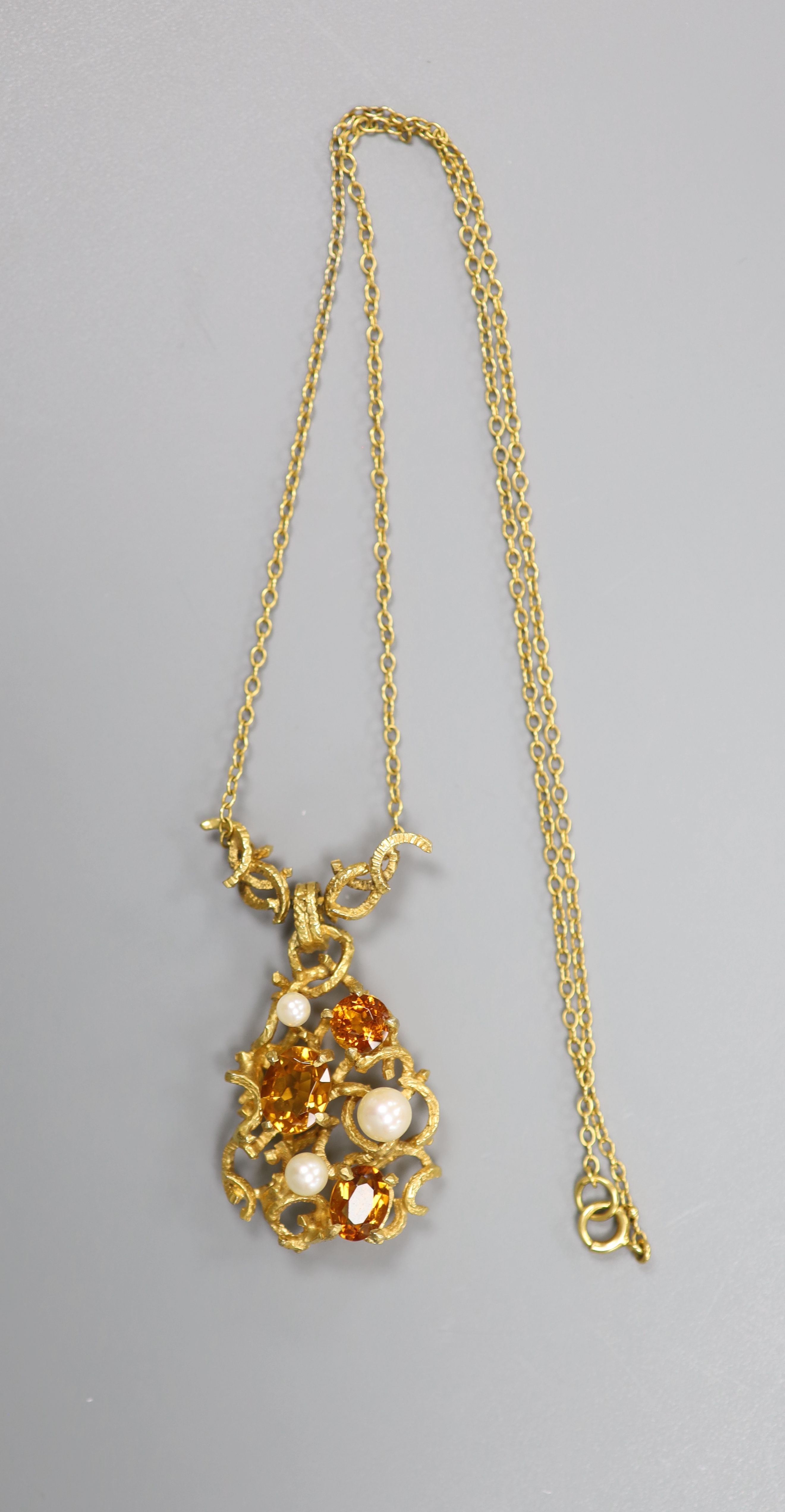 A modern 9ct gold, cultured pearl and citrine? set pendant necklace, pendant section 42mm, chain 43cm